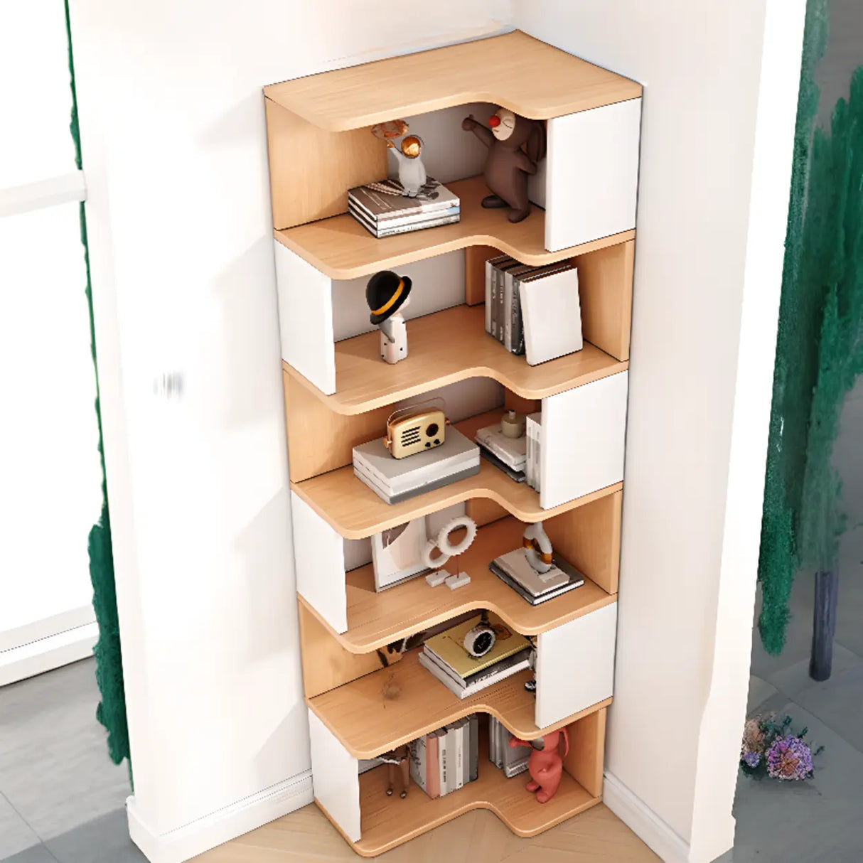 L-Shaped Modern Open Back Corner Solid Wood Bookcase Image - 5