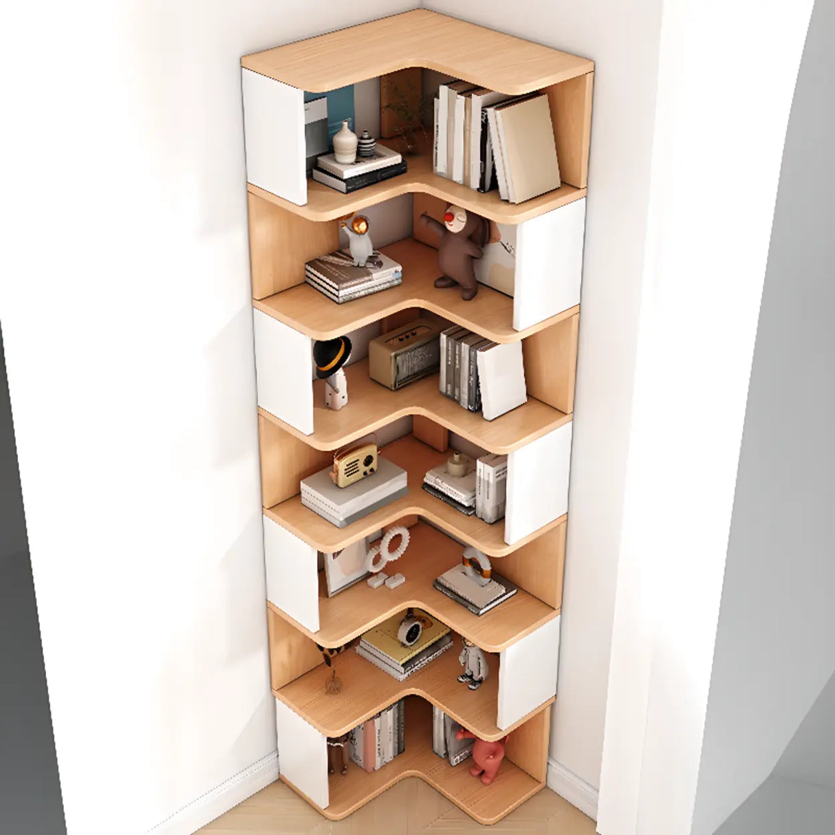 L-Shaped Modern Open Back Corner Solid Wood Bookcase Image - 6