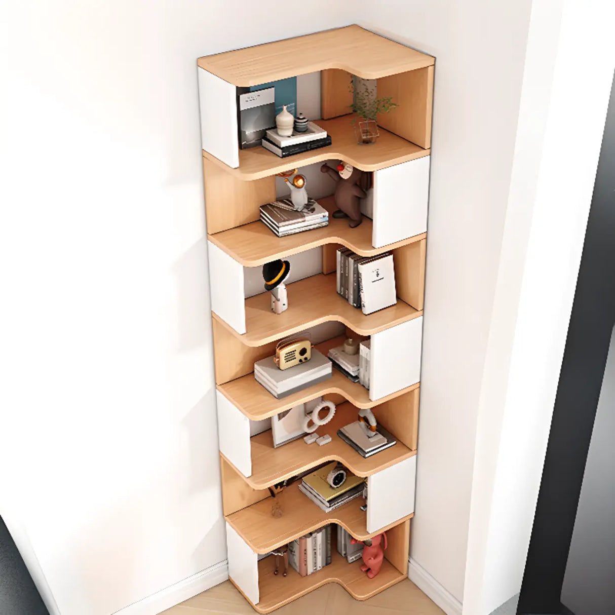L-Shaped Modern Open Back Corner Solid Wood Bookcase Image - 7