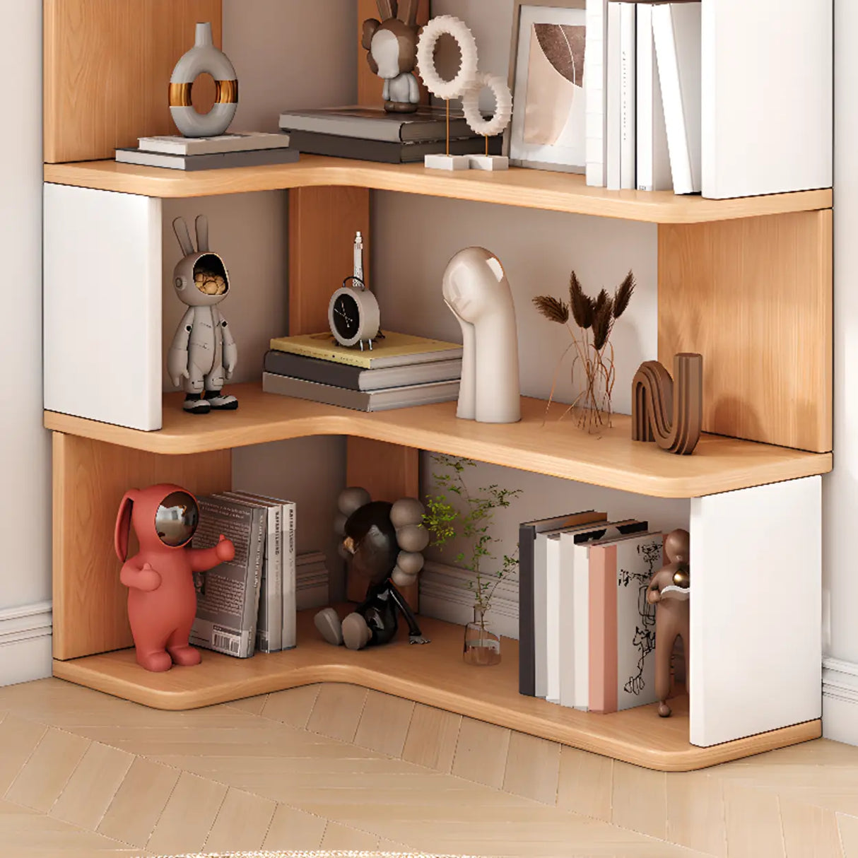 L-Shaped Modern Open Back Corner Solid Wood Bookcase Image - 9