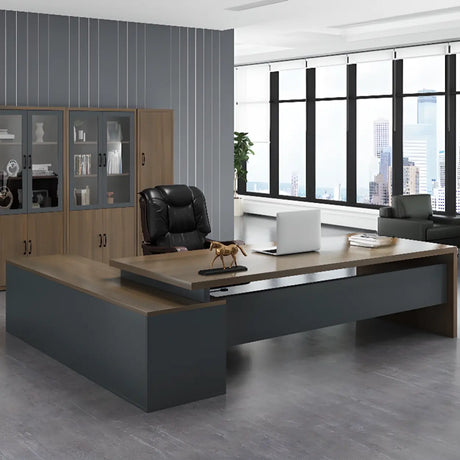 L-Shaped Walnut Computer Desk with Storage and Cabinets Image - 1