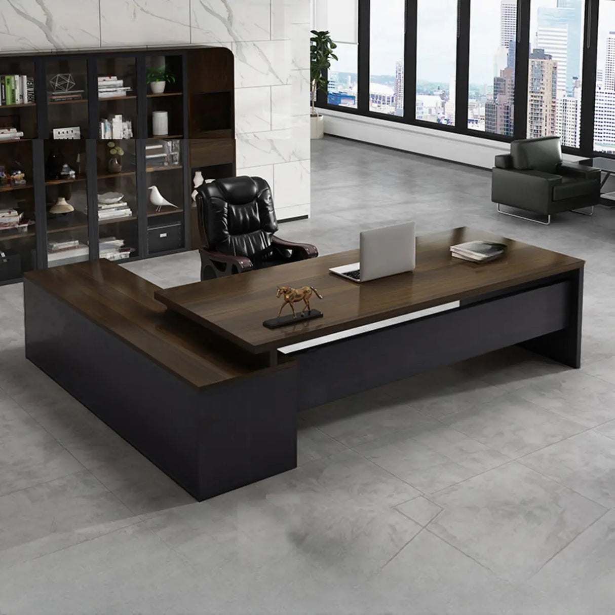 L-Shaped Walnut Computer Desk with Storage and Cabinets Image - 2