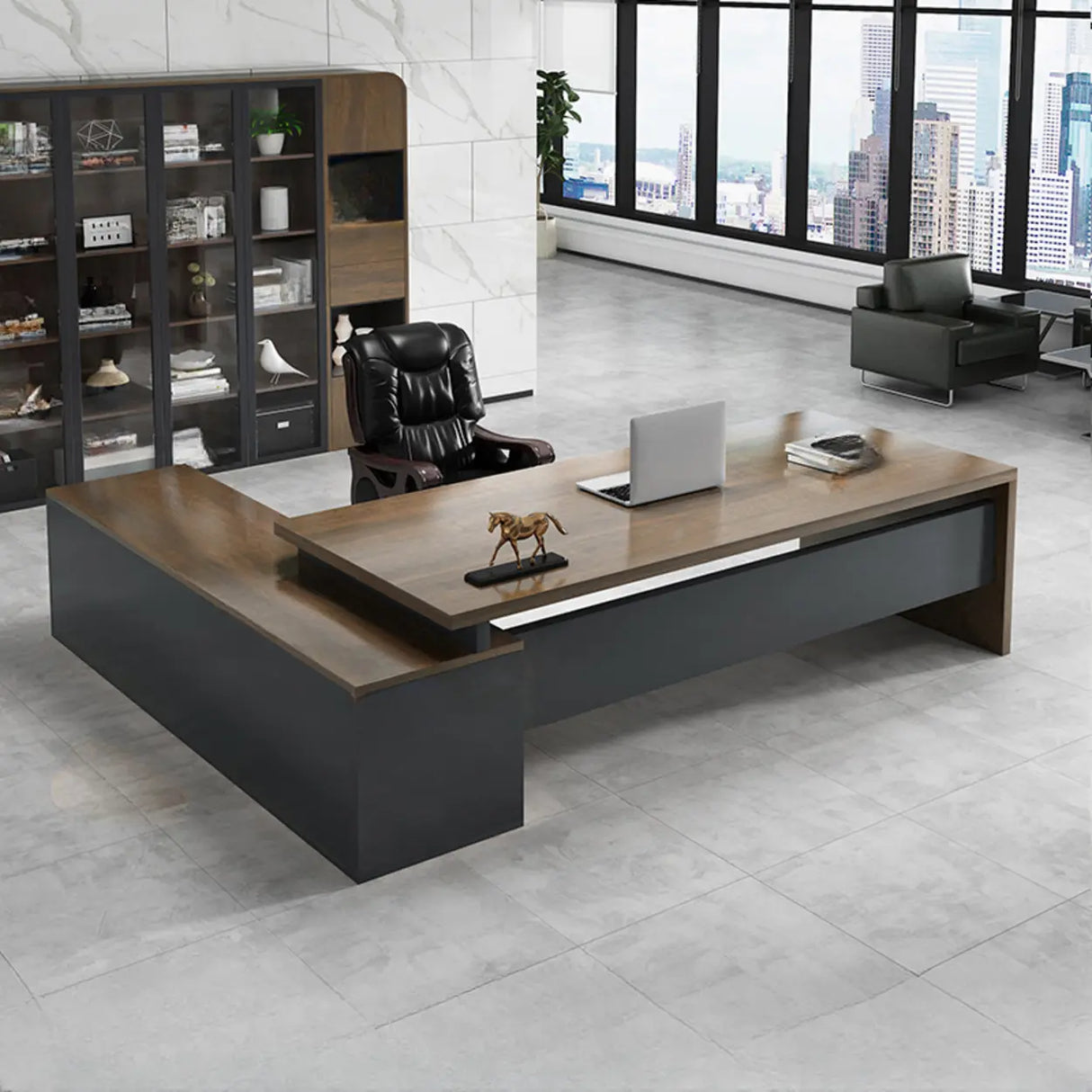L-Shaped Walnut Computer Desk with Storage and Cabinets Image - 3