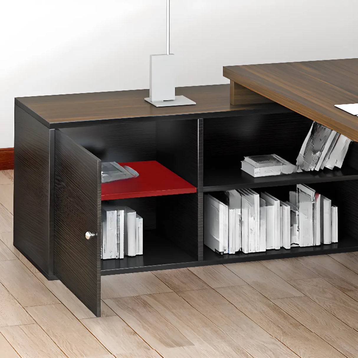 L-Shaped Walnut Computer Desk with Storage and Cabinets Image - 7
