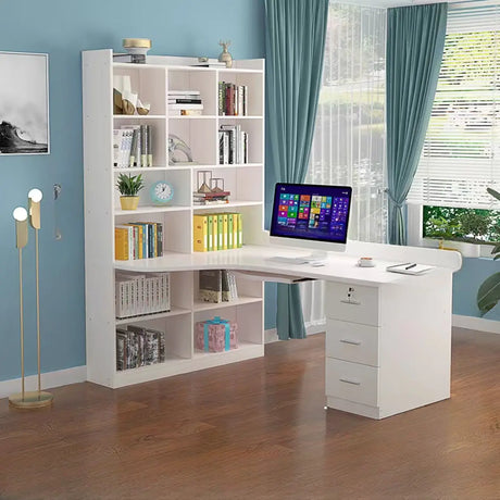 L-Shaped Wooden Writing Desk with Hutch and Drawers Image - 2