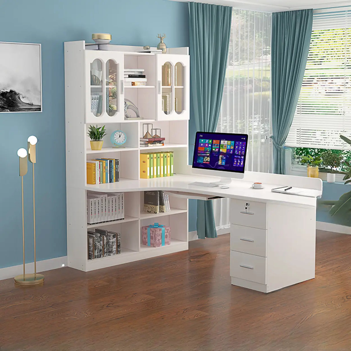 L-Shaped Wooden Writing Desk with Hutch and Drawers Image - 3