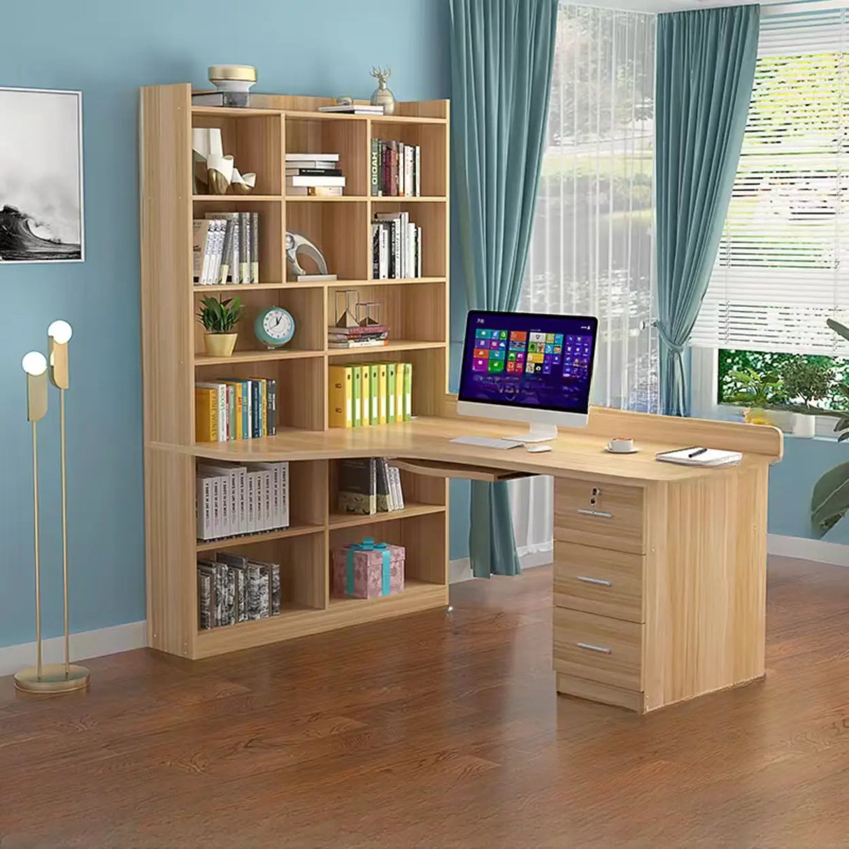 L-Shaped Wooden Writing Desk with Hutch and Drawers Image - 5