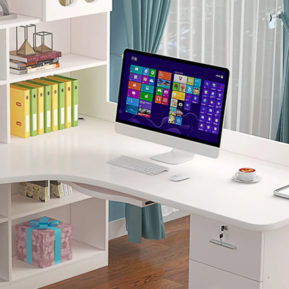 L-Shaped Wooden Writing Desk with Hutch and Drawers Image - 6