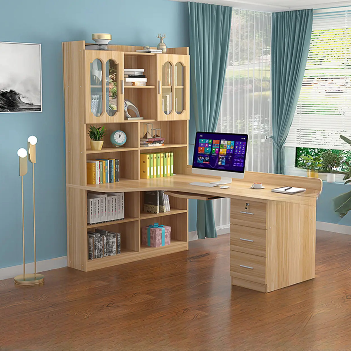 L-Shaped Wooden Writing Desk with Hutch and Drawers Image - 7