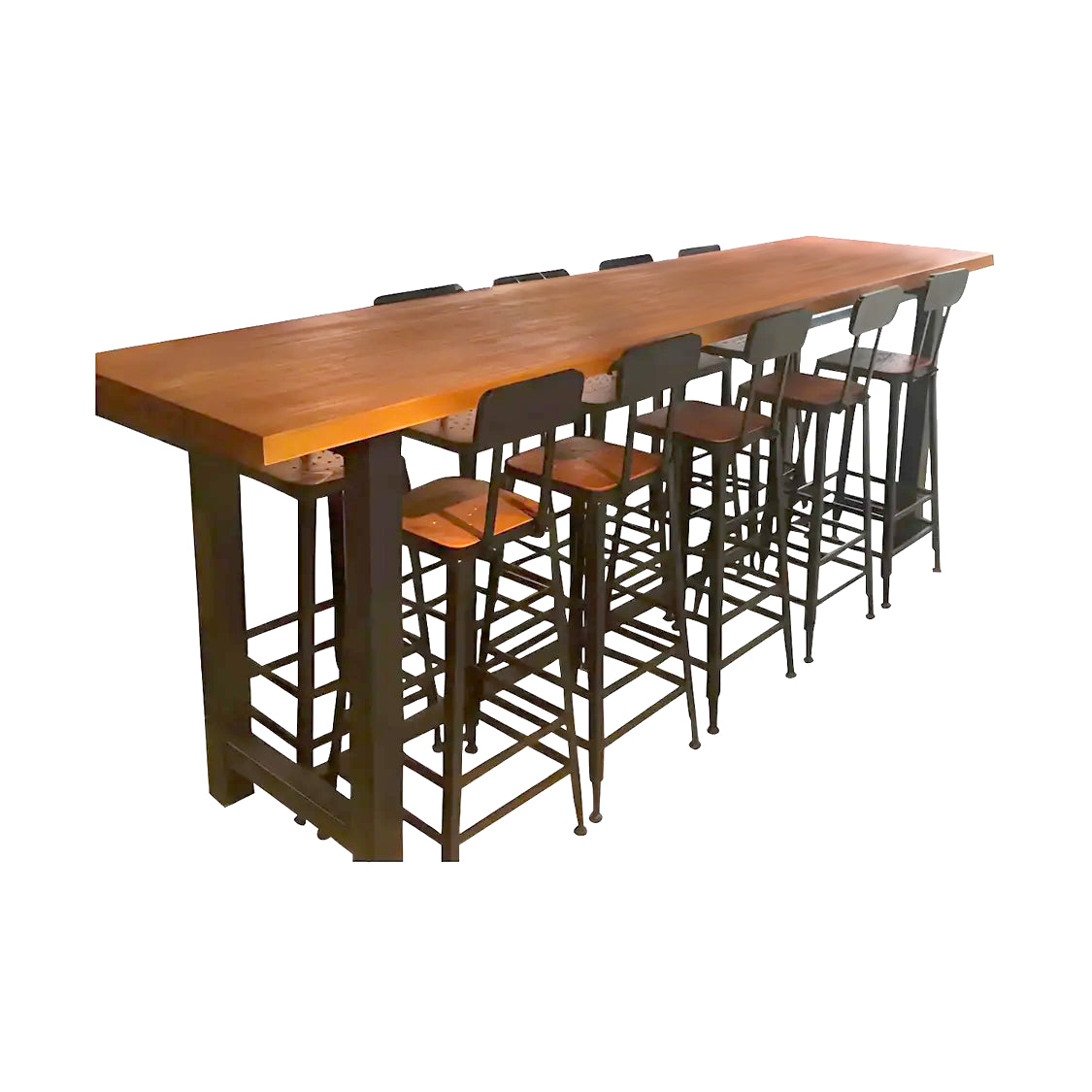 Brown Rectangular Wood Metal Long Bar Table With Footrest