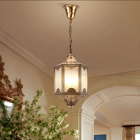 Lantern Brass Metal Frosted Glass Mini Foyer Chandelier Image - 2