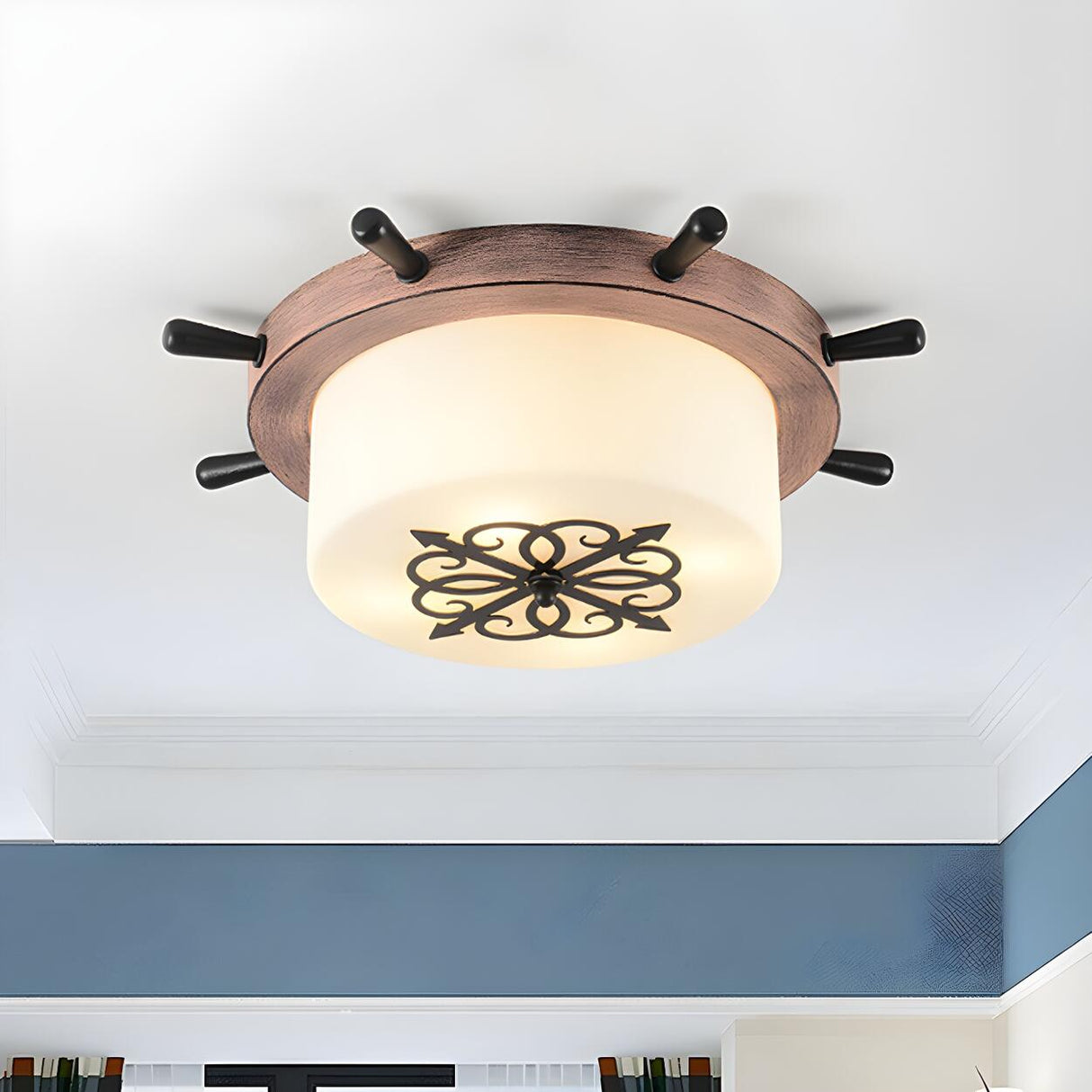 Large Blue Rudder Drum Glass LED Flush Mount Light Image - 6