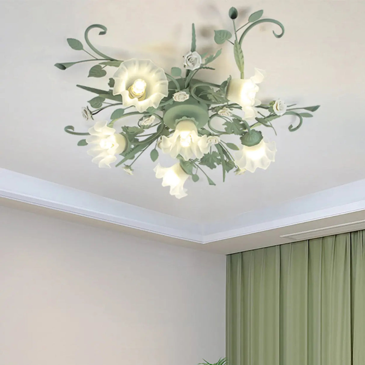 Large Elegant Green Floral Glass Semi-Flush Mount Light Image - 4