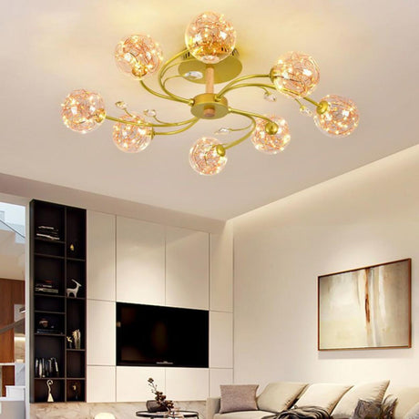 Large Gold Glass Globe Semi-Flush Mount Light 8-Light Image - 1