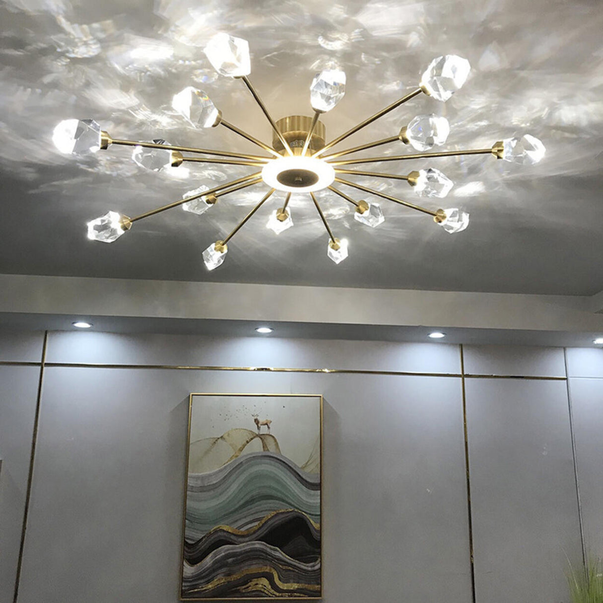 Large Starburst Crystal Semi-Flush Mount Light 17-Light Image - 2