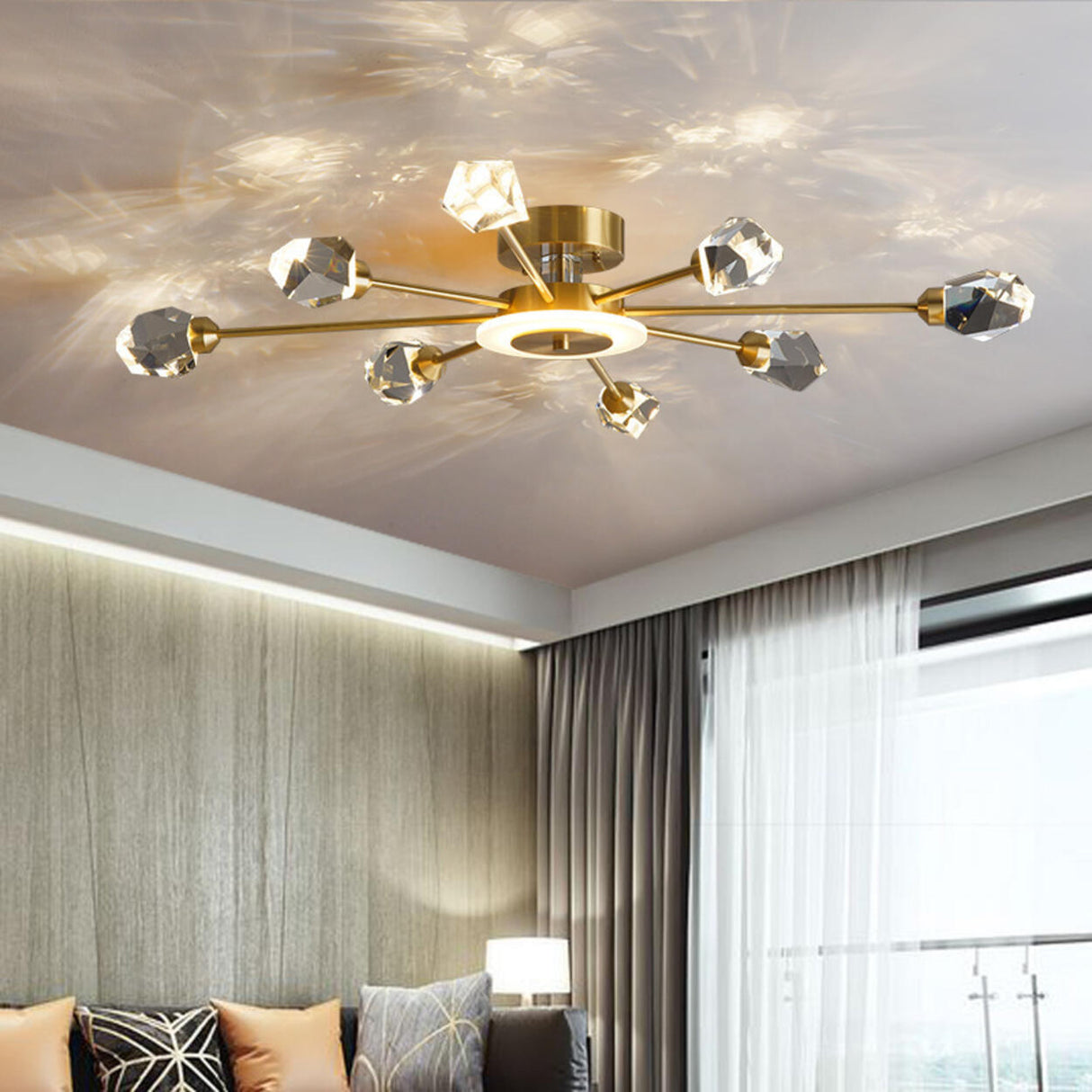 Large Starburst Crystal Semi-Flush Mount Light 17-Light Image - 3