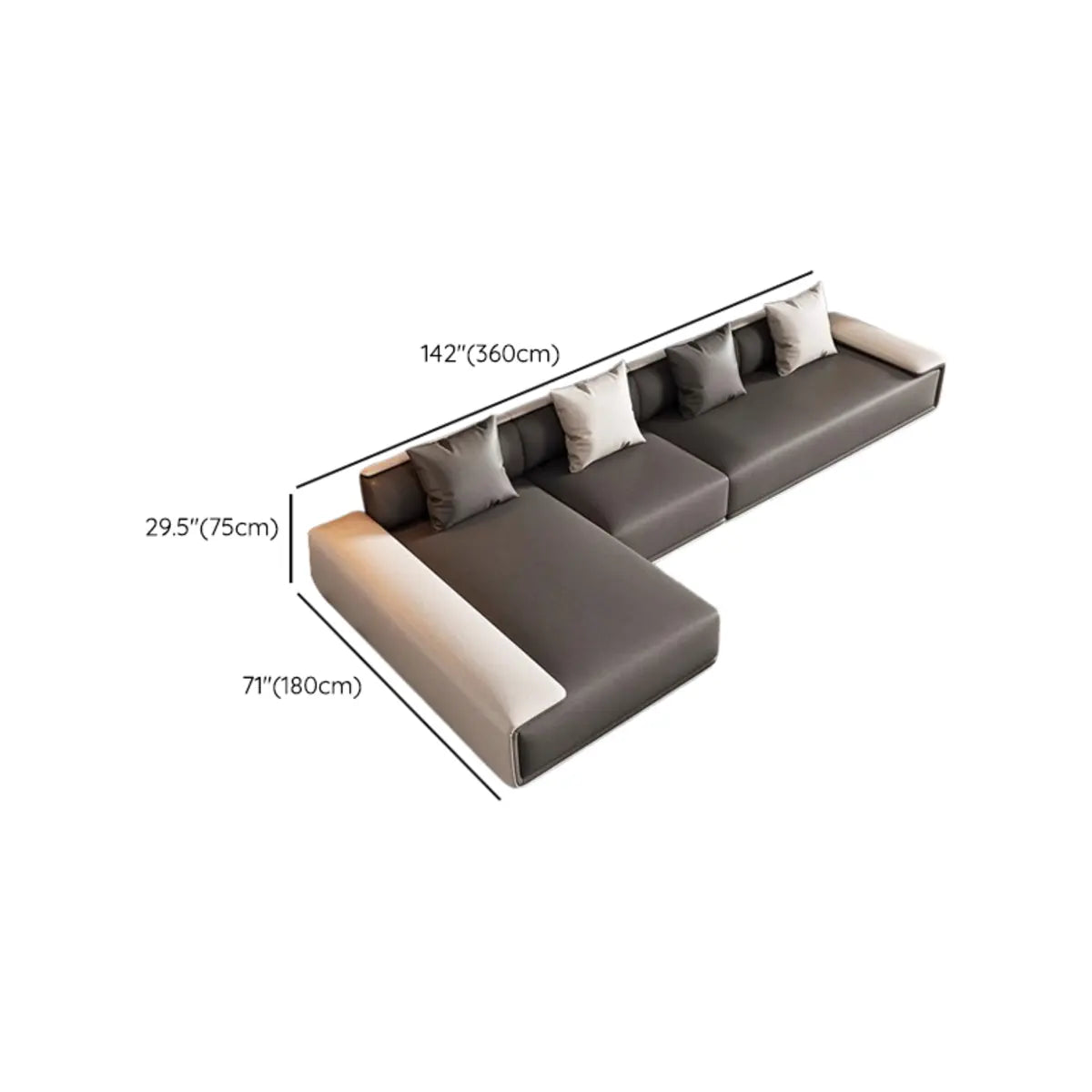 Large Tech Cloth Pillow Back L-Shape Sofa Chaise 
