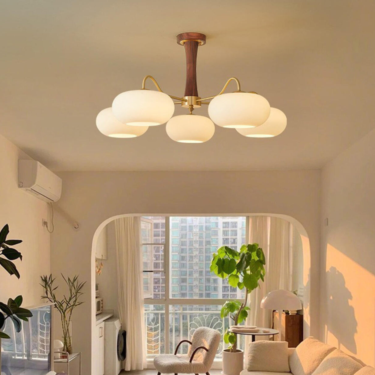 Large Walnut Oblate Glass Semi-Flush Mount Lamp 5-Light Image - 1
