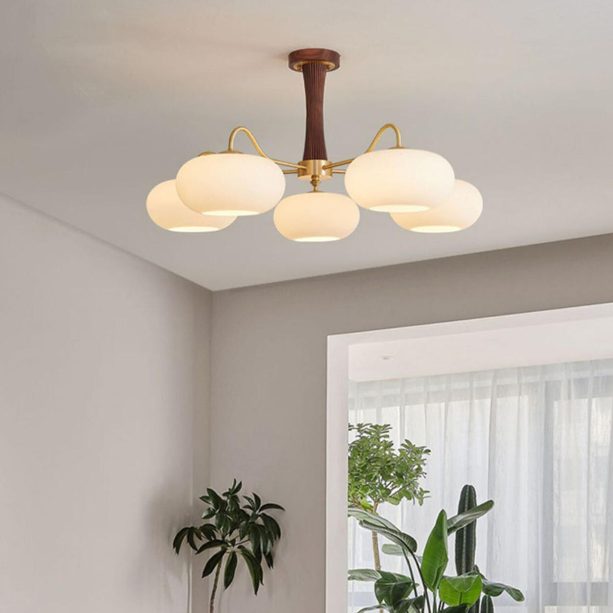 Large Walnut Oblate Glass Semi-Flush Mount Lamp 5-Light Image - 2