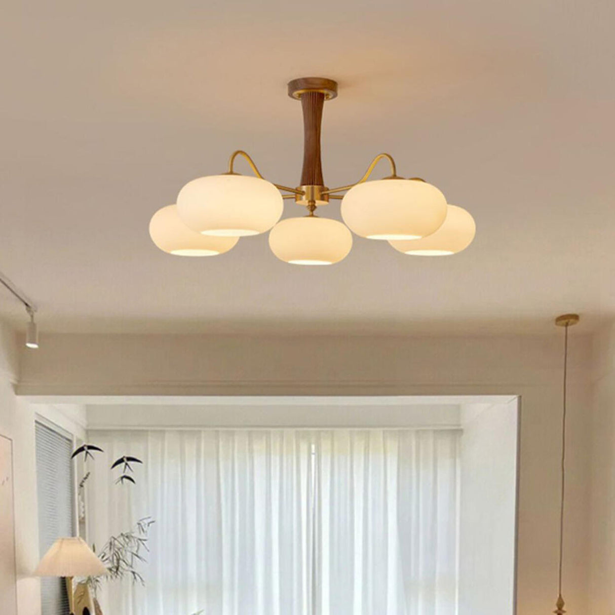 Large Walnut Oblate Glass Semi-Flush Mount Lamp 5-Light Image - 3