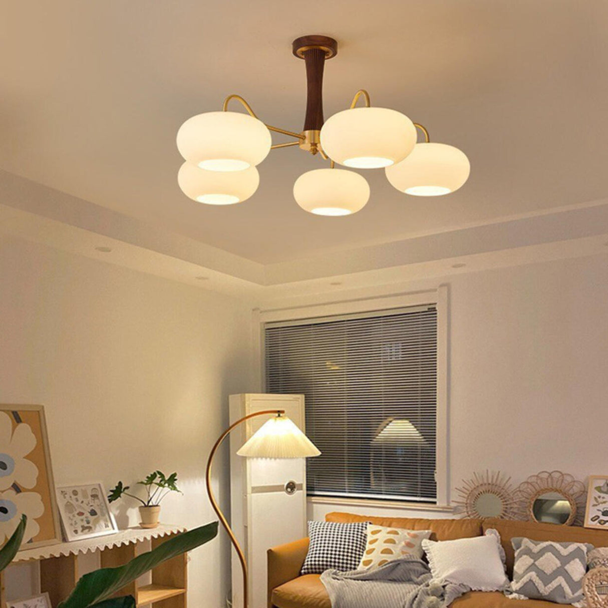 Large Walnut Oblate Glass Semi-Flush Mount Lamp 5-Light Image - 4