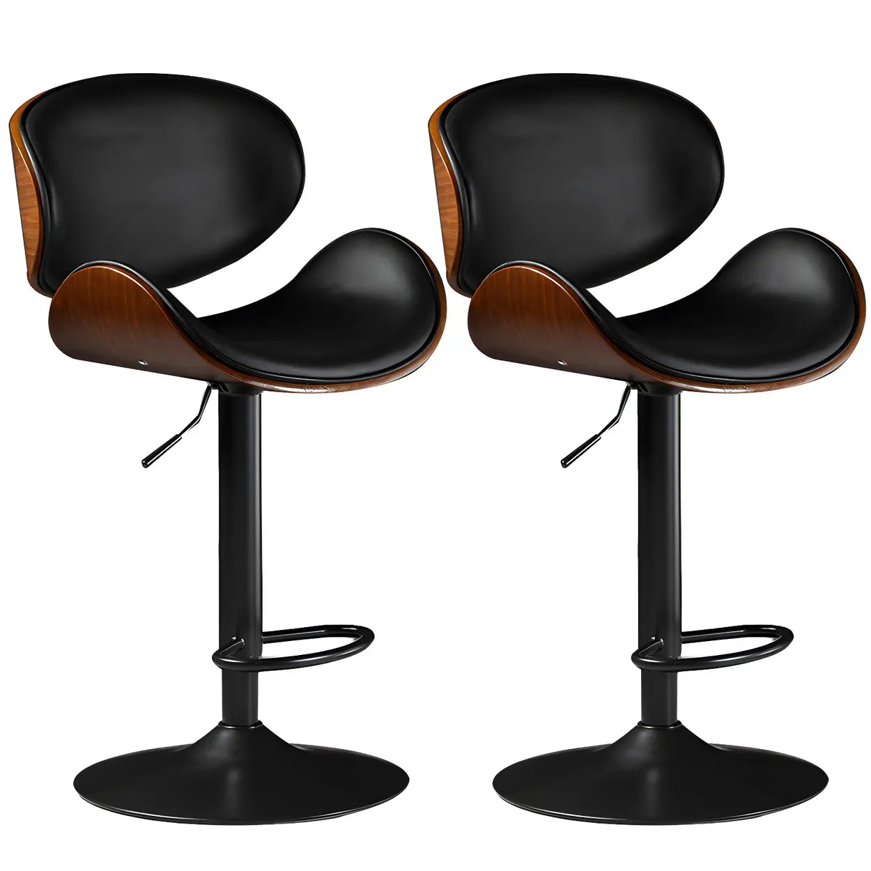 Leather Bucket Bar Stool with Curved Wood-Grain Shell & Low Back