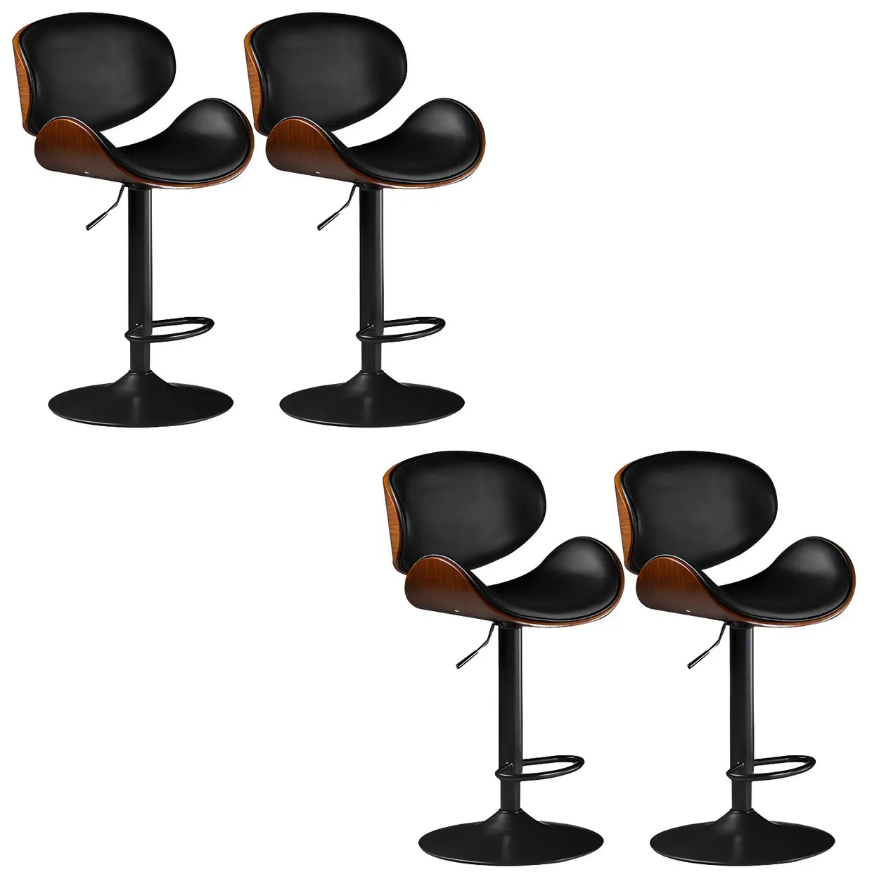 Leather Bucket Bar Stool with Curved Wood-Grain Shell & Low Back