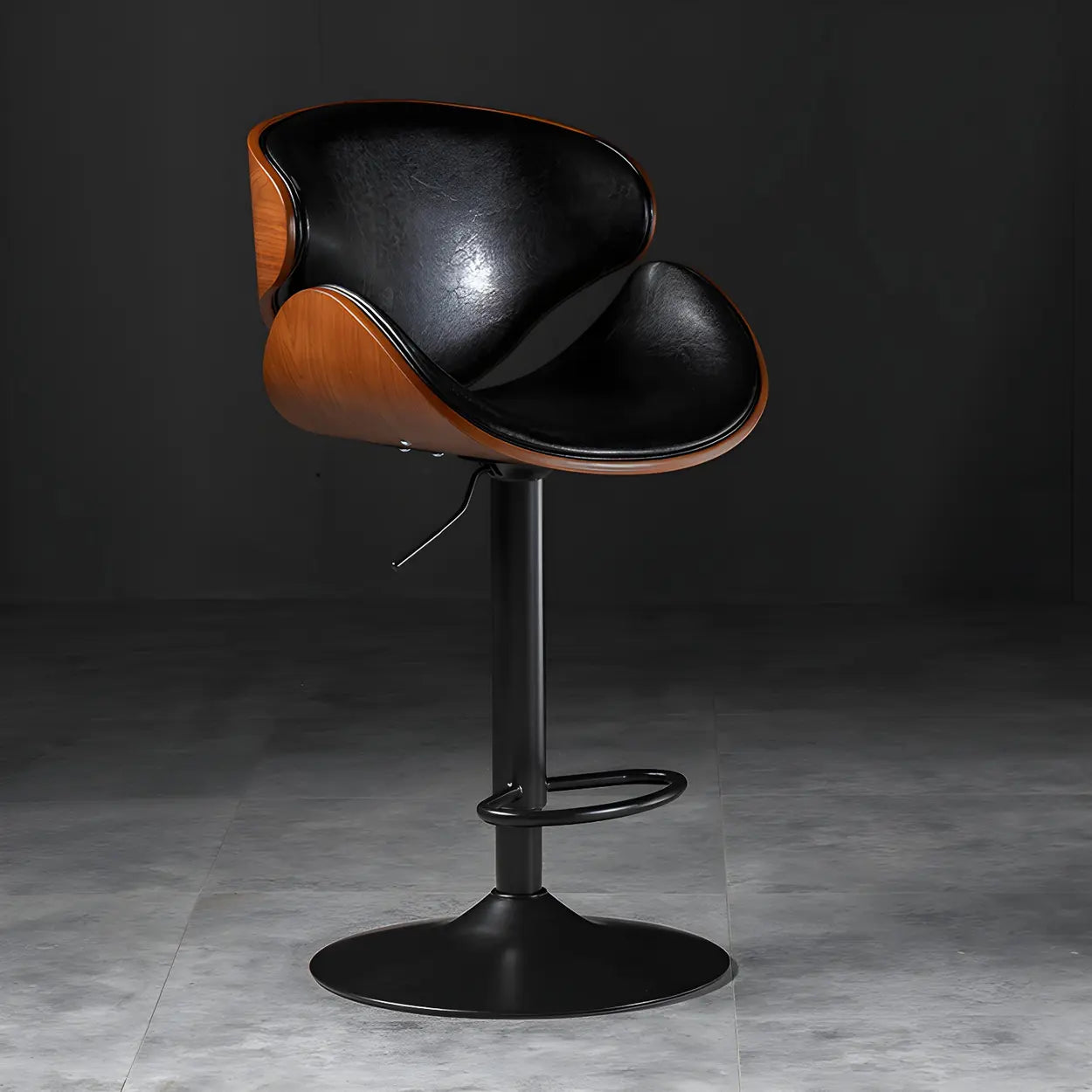 Leather Bucket Bar Stool with Curved Wood-Grain Shell & Low Back