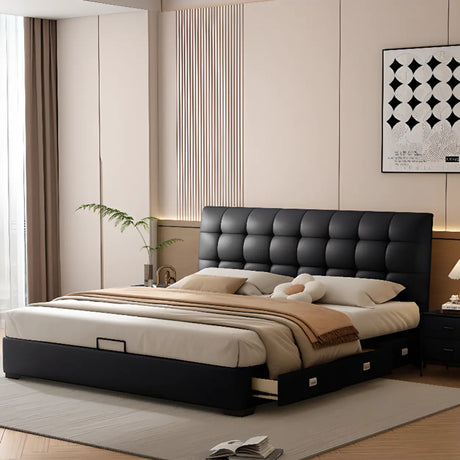 Leather Headboard Black King Storage Bed with Drawers Image - 1