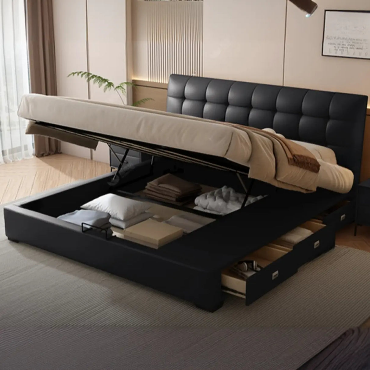 Leather Headboard Black King Storage Bed with Drawers Image - 9
