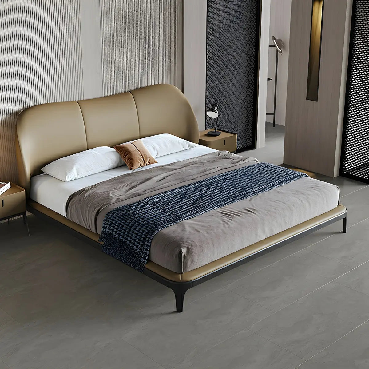 Leather Tan King Wingback Bed with Upholstered Headboard Image - 3