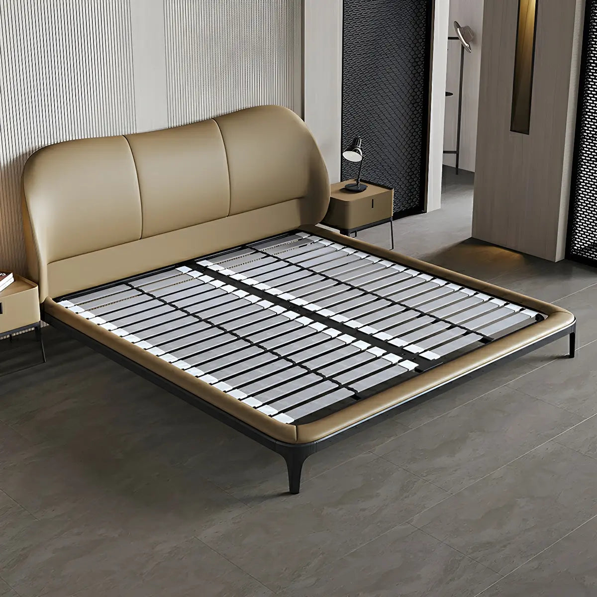 Leather Tan King Wingback Bed with Upholstered Headboard Image - 4