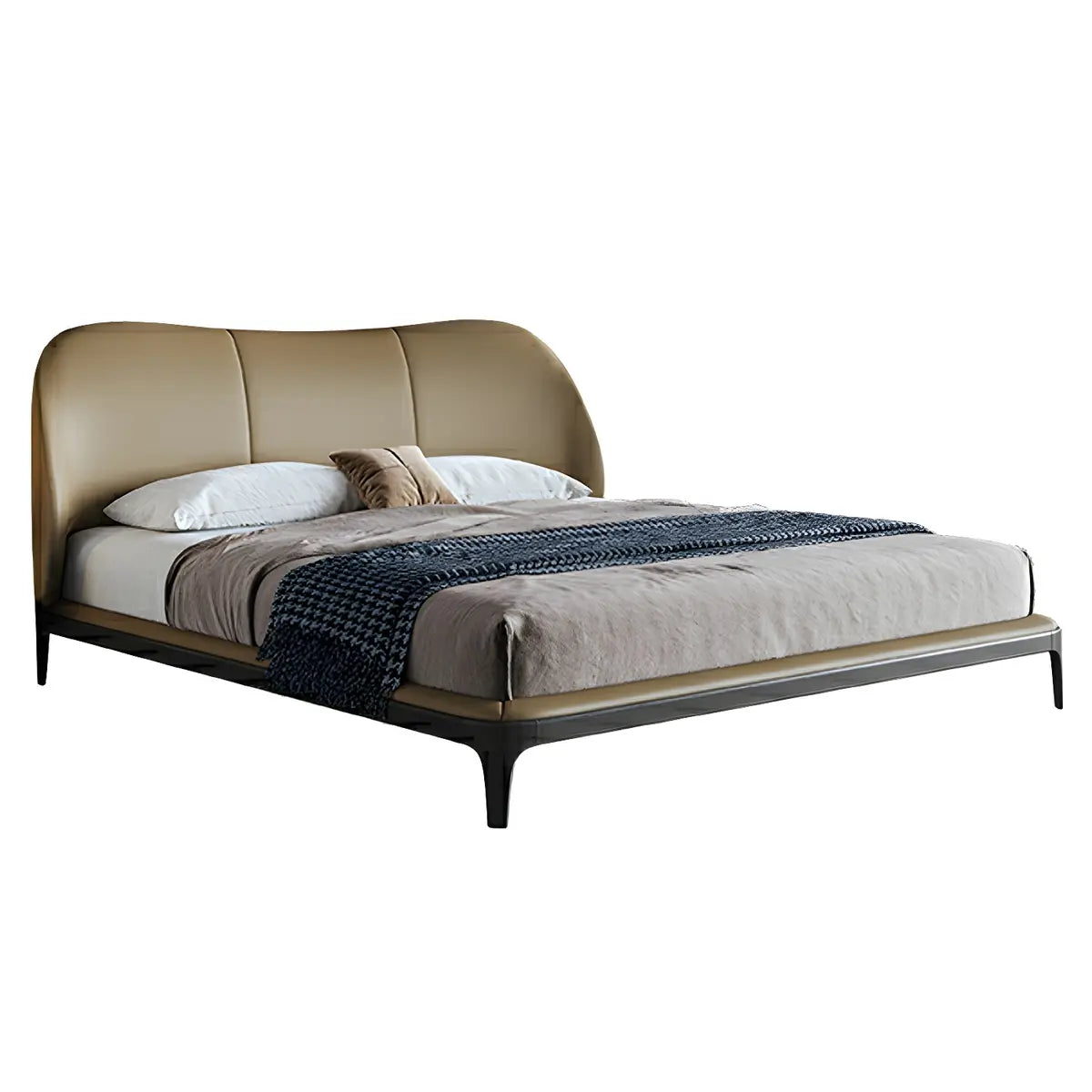 Leather Tan King Wingback Bed with Upholstered Headboard Image - 5
