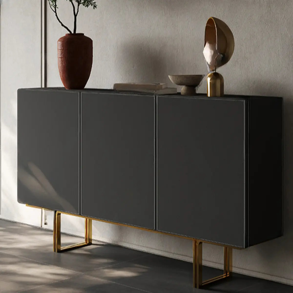 Leather Top Rectangular Metal Black Storage Console Table Image - 4
