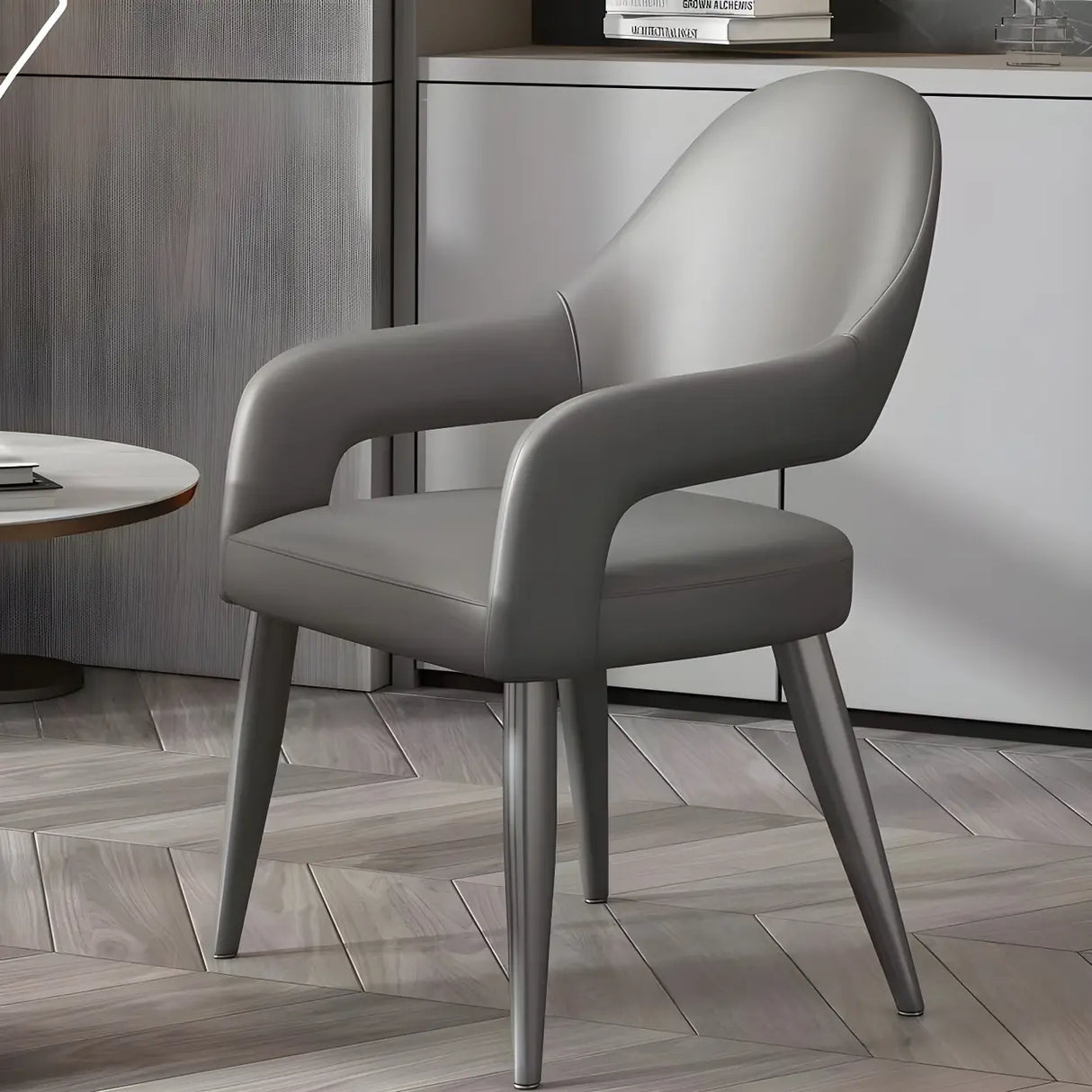 Leather Upholstered Open Back Arm Chair with Gray Legs Image - 1