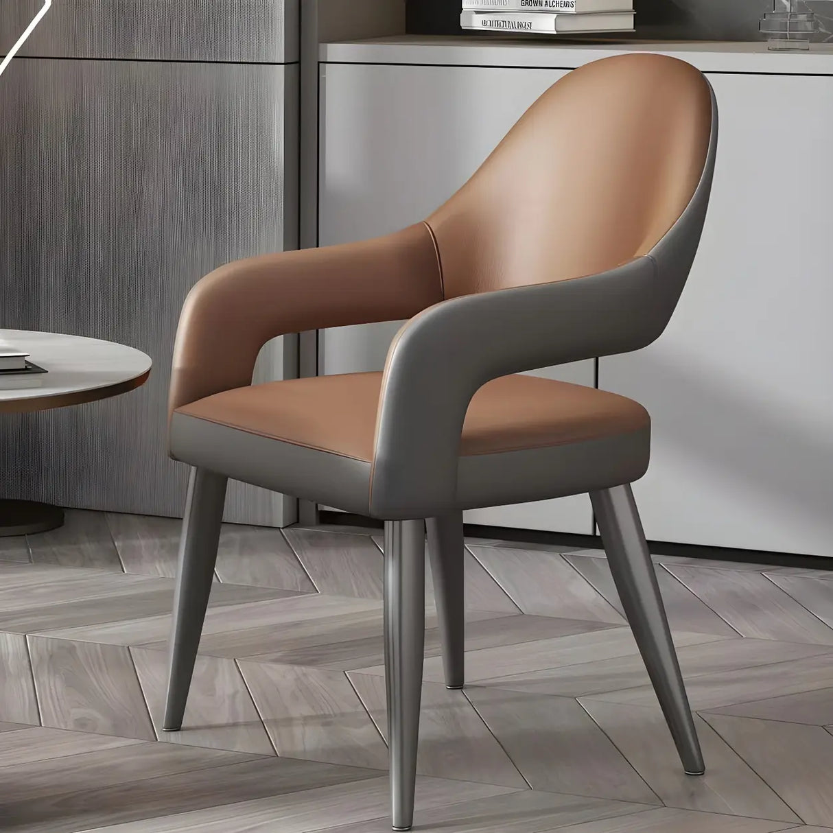 Leather Upholstered Open Back Arm Chair with Gray Legs Image - 11