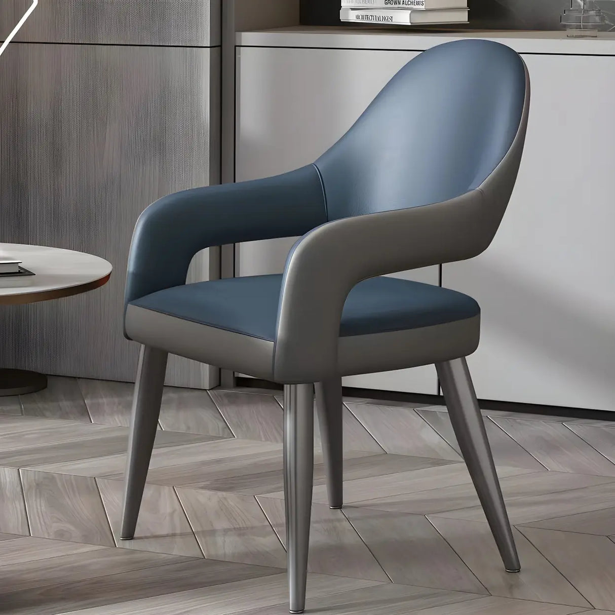 Leather Upholstered Open Back Arm Chair with Gray Legs Image - 31