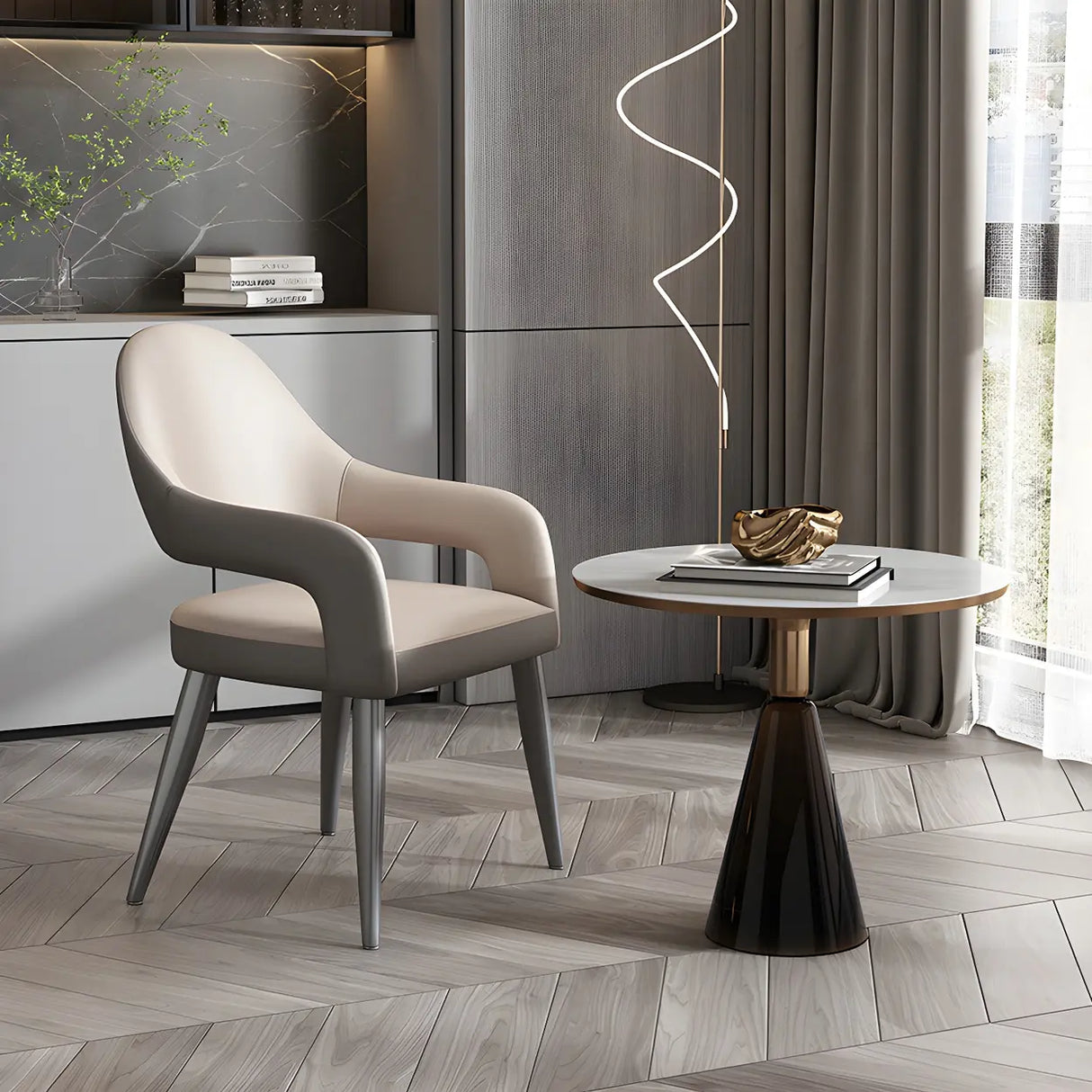 Leather Upholstered Open Back Arm Chair with Gray Legs Image - 4
