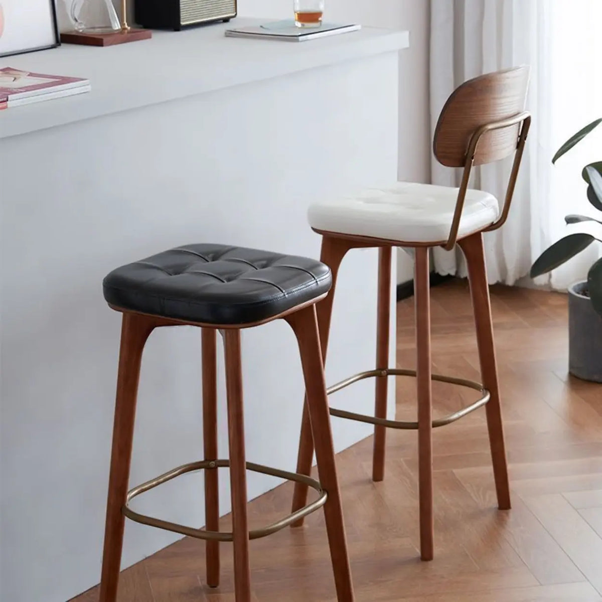 Leather Upholstered Tufted Wood Bar Stool with Metal Footrest Image - 4