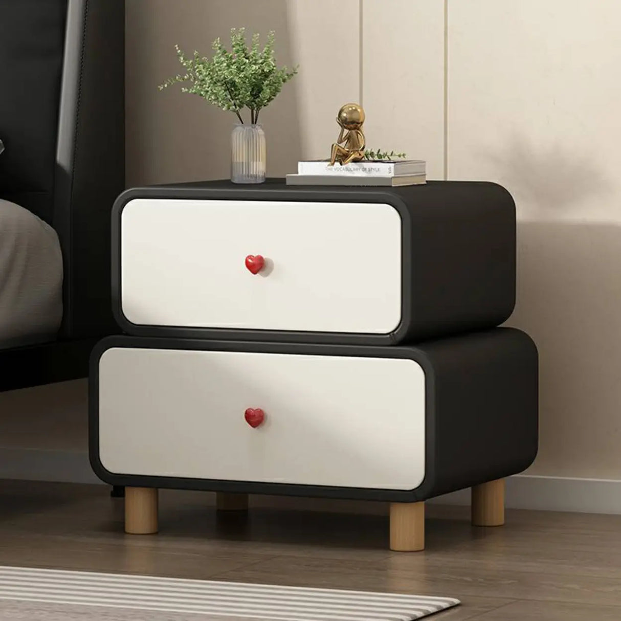 Leather Wood Two Drawers Kids Nightstand with Legs Image - 3