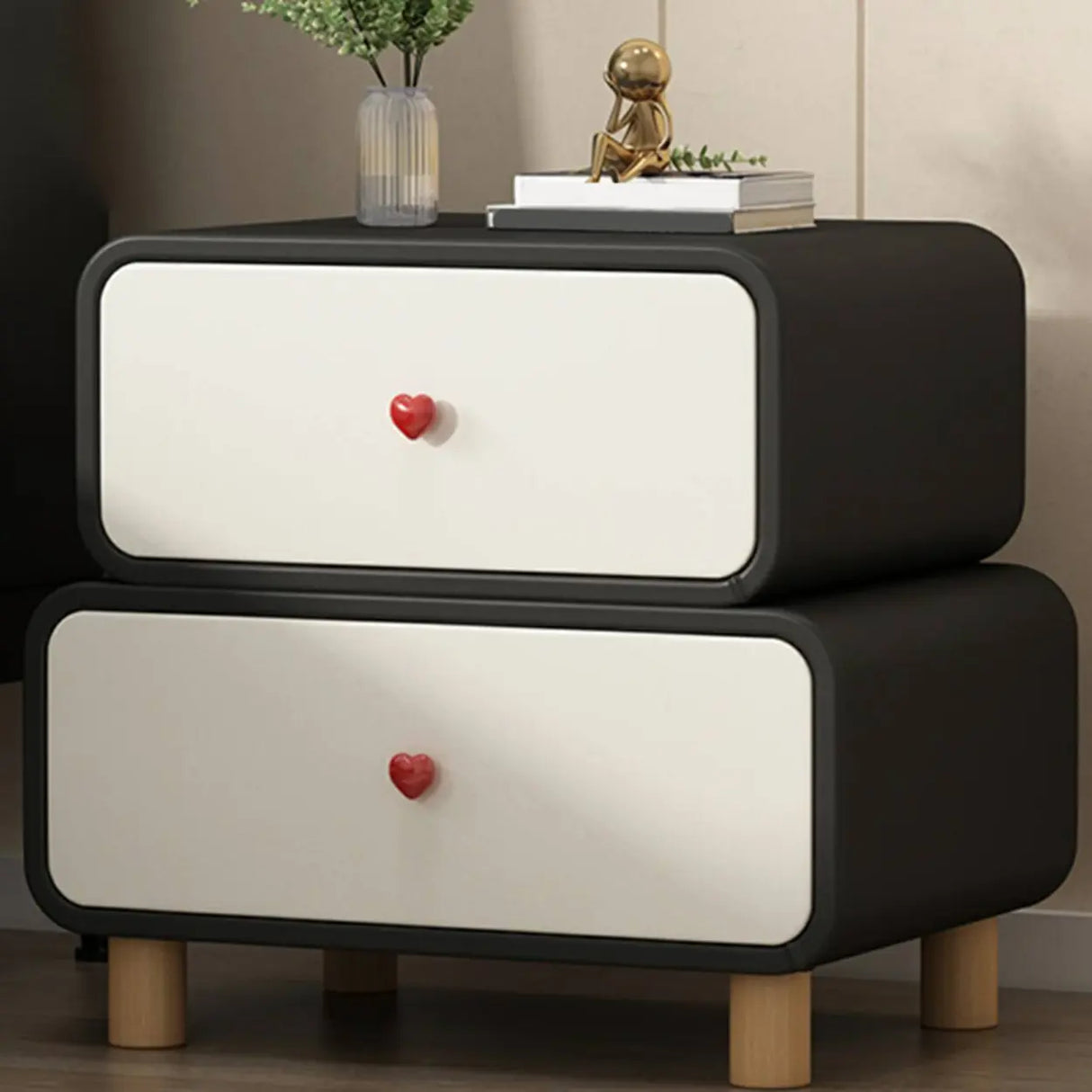 Leather Wood Two Drawers Kids Nightstand with Legs Image - 4