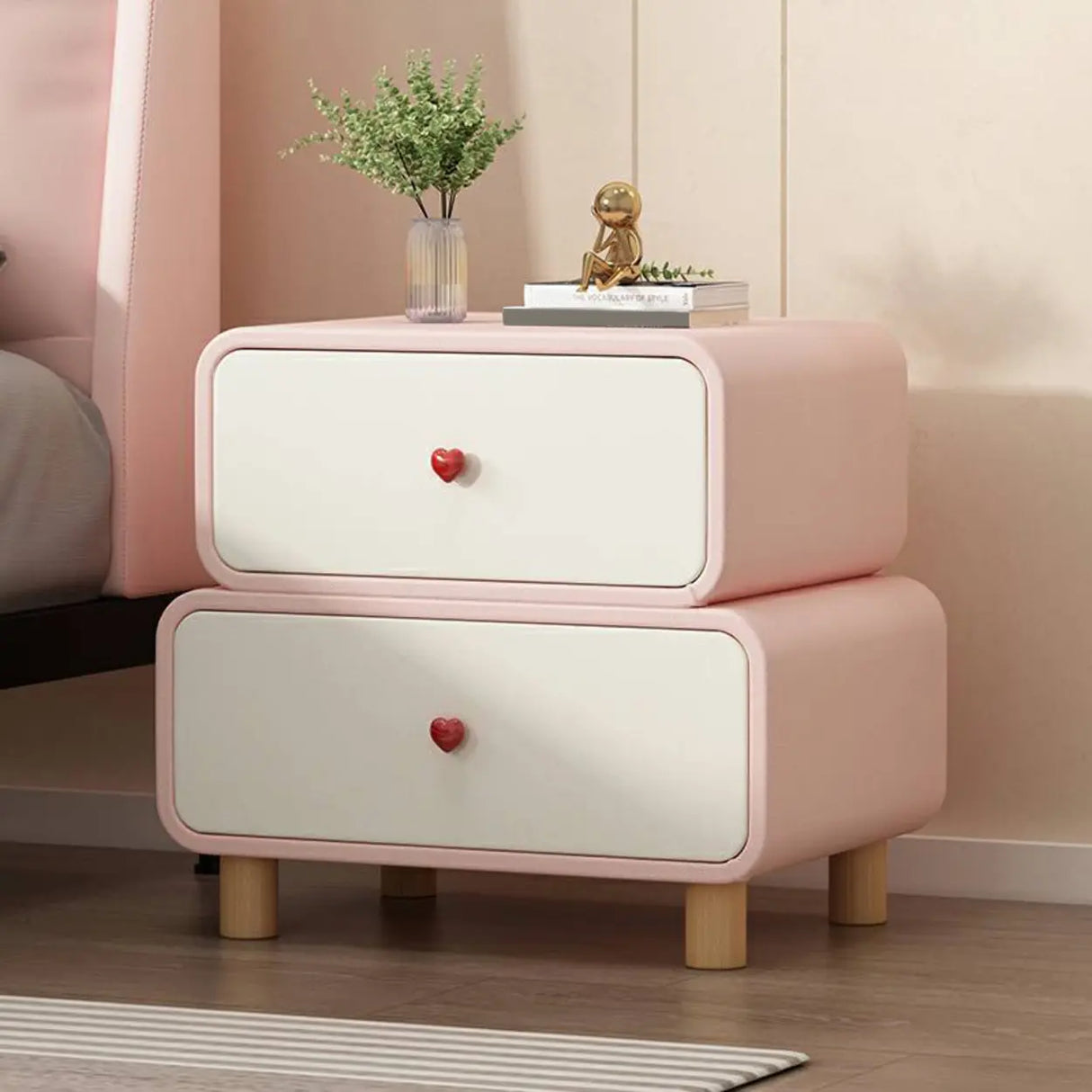 Leather Wood Two Drawers Kids Nightstand with Legs Image - 5