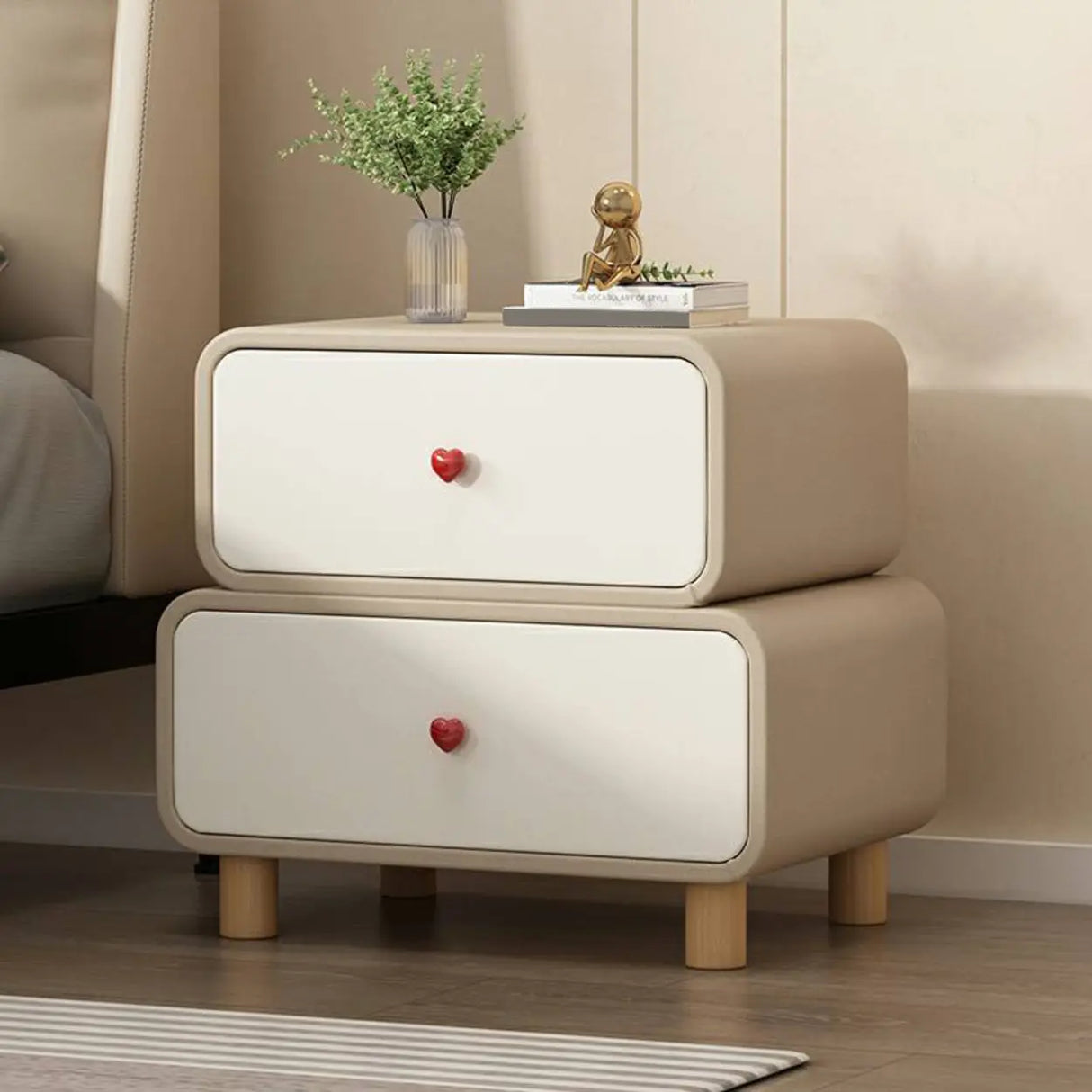 Leather Wood Two Drawers Kids Nightstand with Legs Image - 7