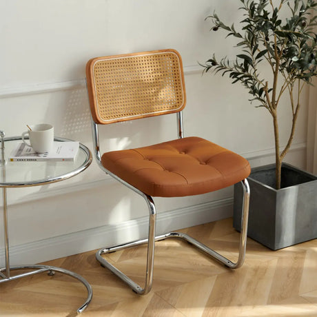 Leather Woven Back Silver Leg Tufted Parsons Chair Image - 1