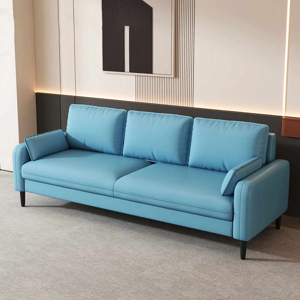 Light Blue Microfiber Leather Square Arm 3-Seat Sofa Image - 7