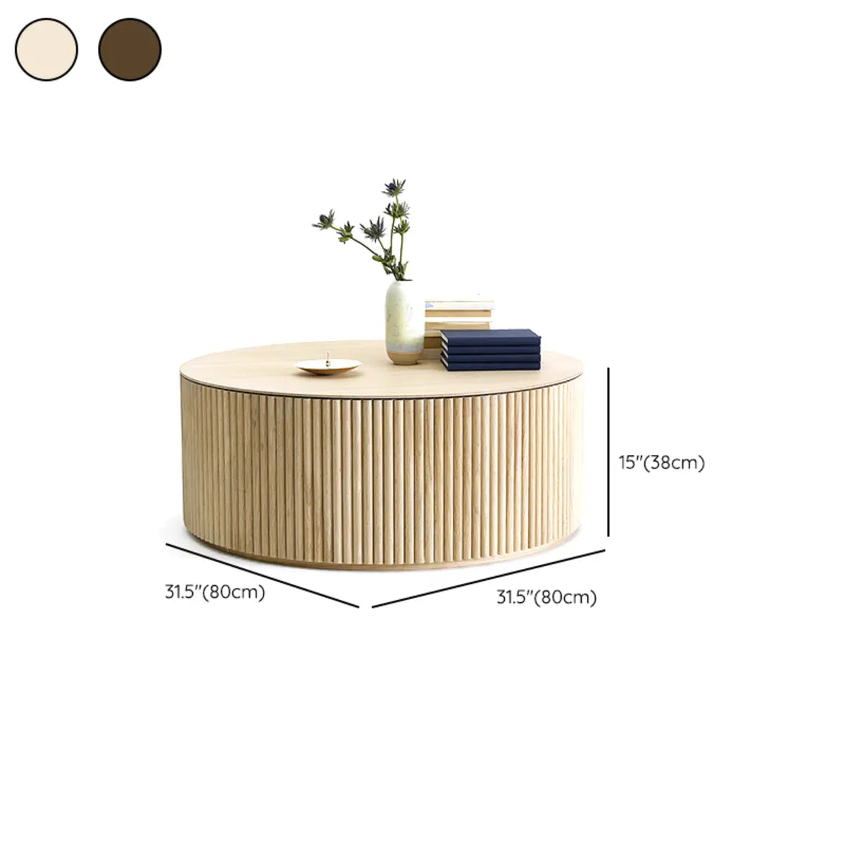 Light Brown Pine Wood Drum Base Round Coffee Table Image - 20