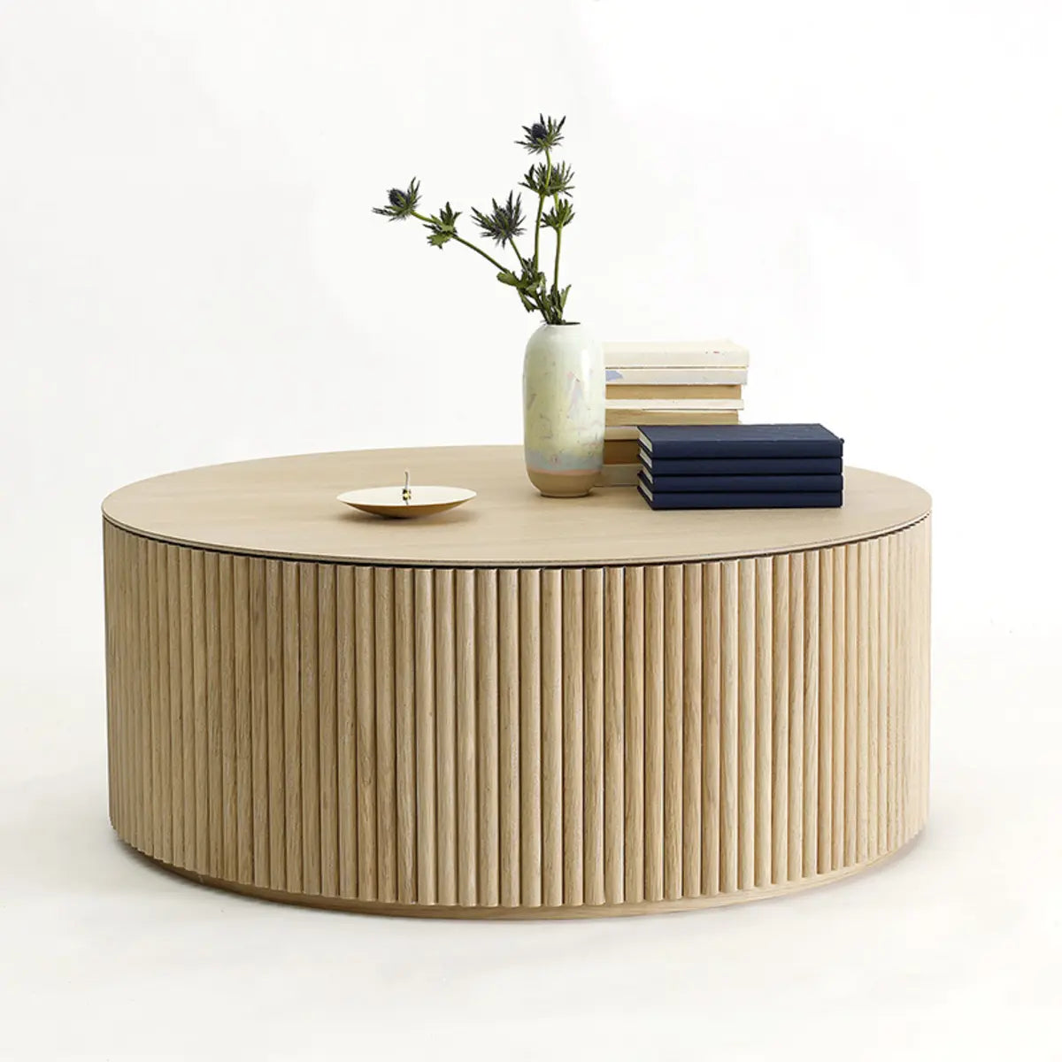 Light Brown Pine Wood Drum Base Round Coffee Table Image - 9