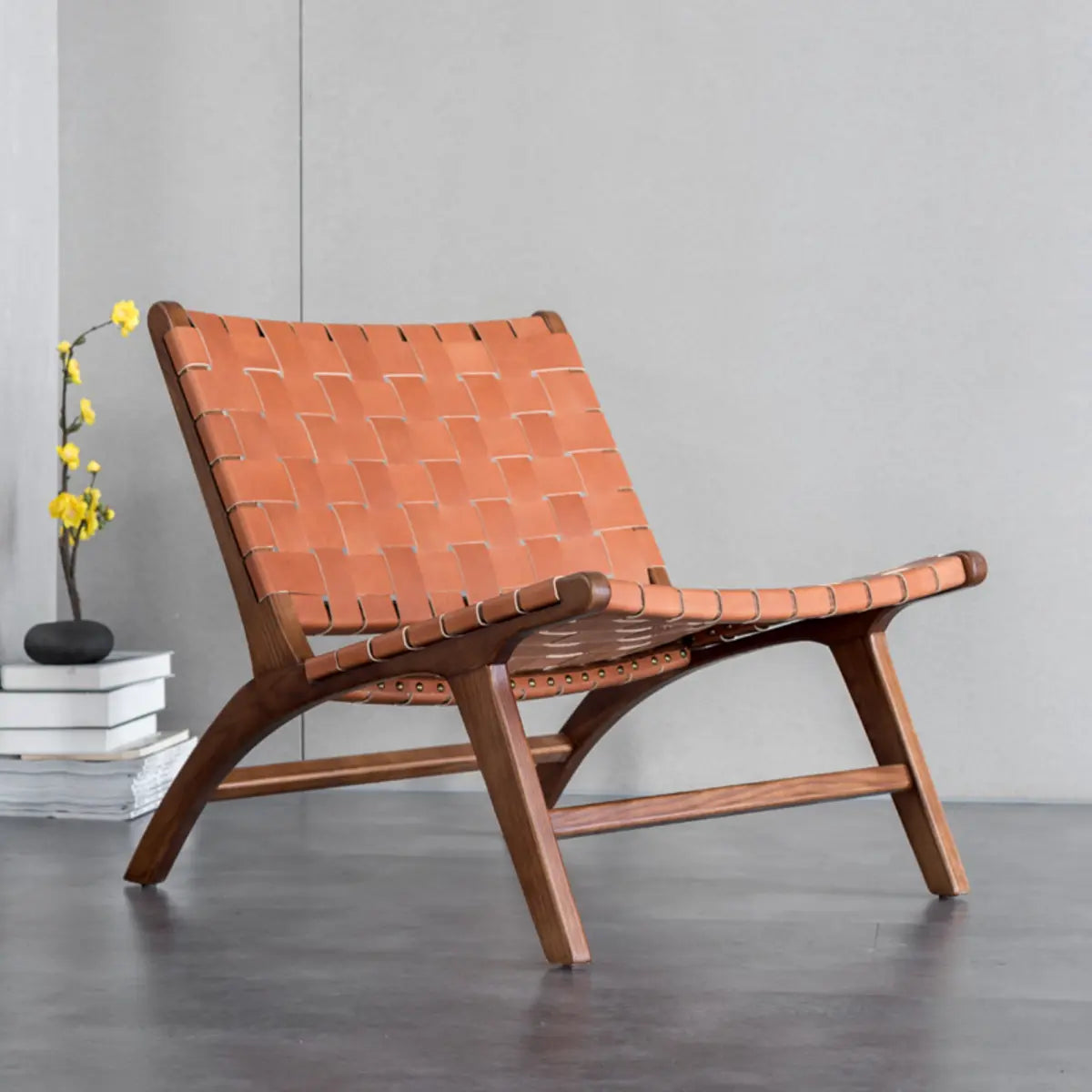 Light Brown Saddle Leather Woven Back Side Chair Image - 1