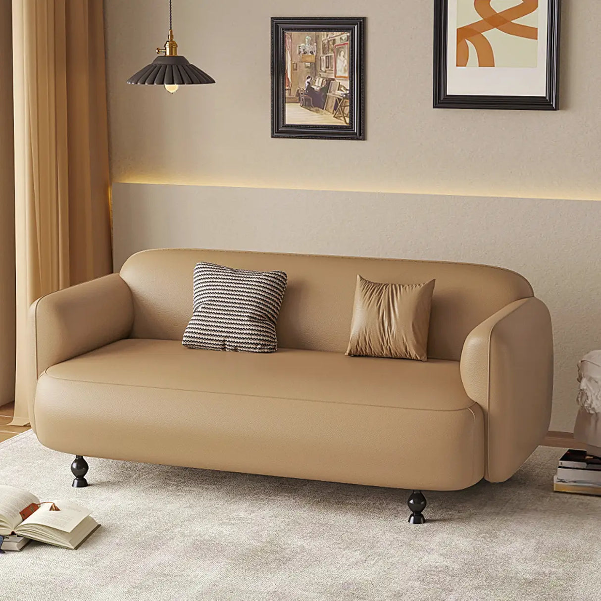 Light Brown Water Resistant Faux Leather Wood Leg Sofa Image - 1