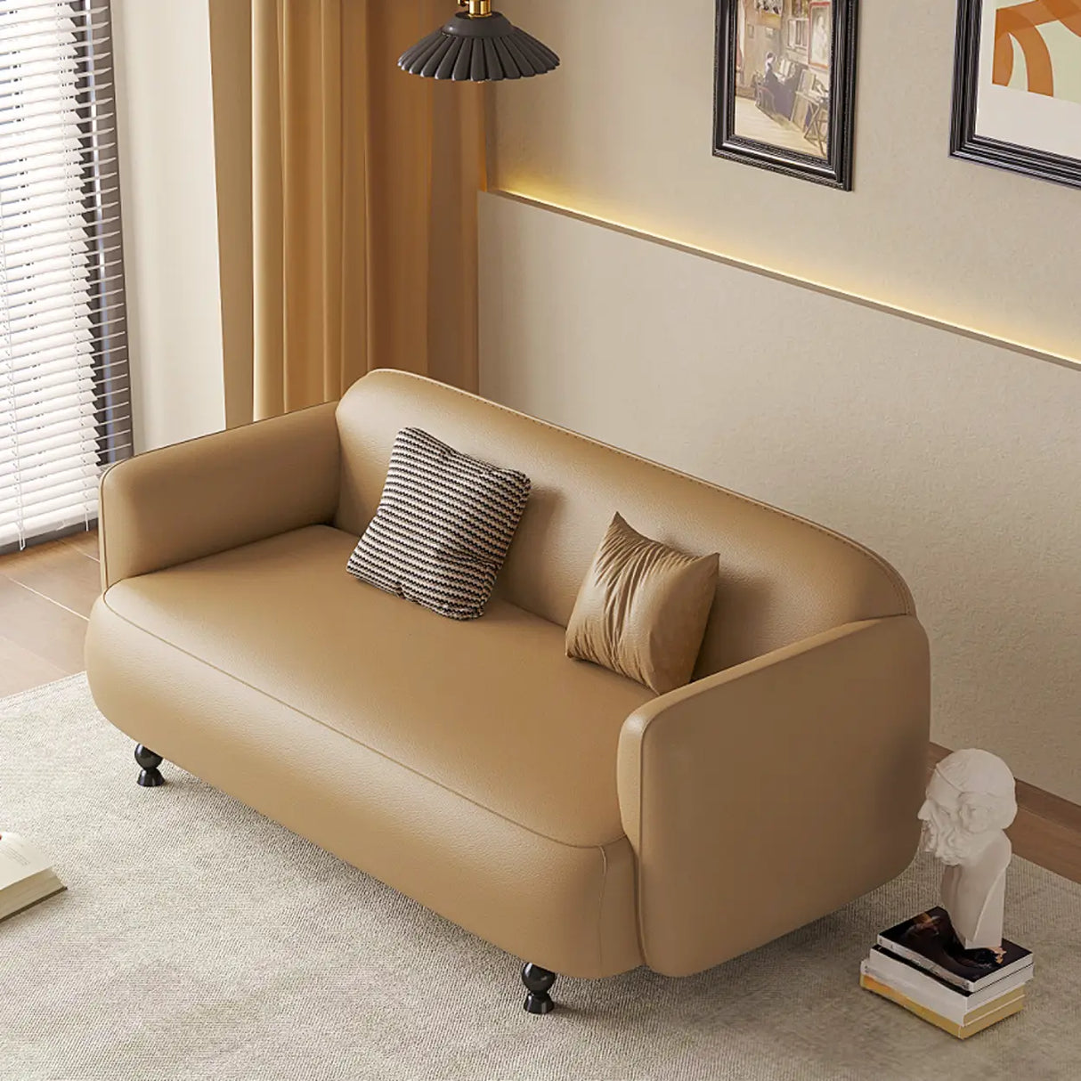 Light Brown Water Resistant Faux Leather Wood Leg Sofa Image - 4